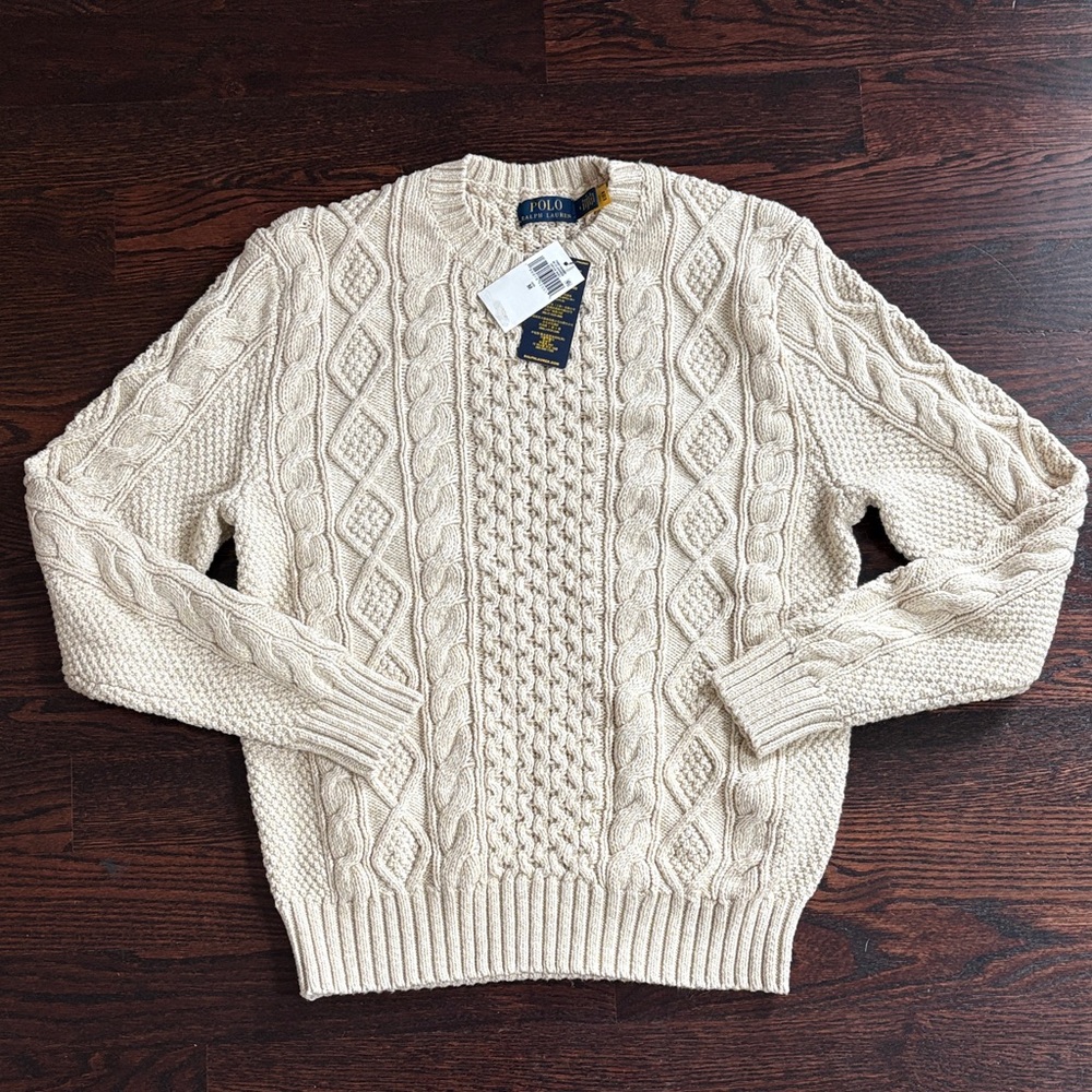 Polo by Ralph Lauren Off-White Cable Knit Crewneck Sweater Mens